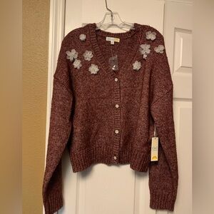 C C California Women’s Cardigan Sweater Pearl Buttons Floral Accent XL NWT Bulky